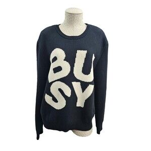 MDS Women's Large SorryImBusy B&W Spellout Knit Crewneck Sweater 100% Cotton EUC